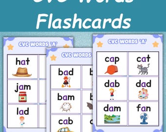 May include: Educational flashcards for CVC words. The cards feature words like "hat," "cap," and "cat," each paired with a corresponding illustration. The cards are designed with a white background and a purple border, with the text "CVC Words Flashcards" at the top.