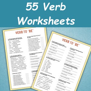 Puede incluir: Dos hojas de trabajo con el título "55 Verb Worksheets" y el texto "Verb to Be". Las hojas de trabajo tienen ejercicios de completar espacios en blanco y preguntas sobre la conjugación verbal.
