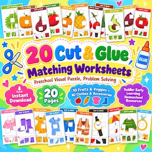 Puede incluir: Un conjunto de 20 hojas de trabajo de recortar y pegar para niños en edad preescolar, con ilustraciones de frutas, verduras, ropa y accesorios. El texto dice 20 Cut & Glue Matching Worksheets, Preschool Visual Puzzle, Problem Solving.