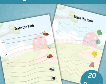 May include: Two tracing practice worksheets with the text "Trace the Path" and illustrations of a barn, insects, and birds. The worksheets have lines for tracing and a blue circle with the text "20 Pages".