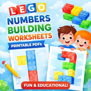 Op de afbeelding: Kleurrijk educatief werkblad met LEGO-stijl blokken die getallen vormen. De afbeelding bevat de tekst "LEGO NUMBERS BUILDING WORKSHEETS PRINTABLE PDFs" en "FUN & EDUCATIONAL!". Twee cartoonkinderen zijn ook aanwezig.