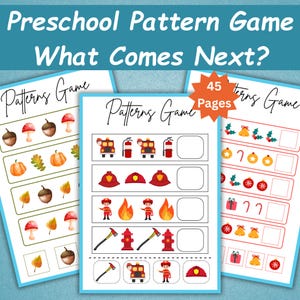 Puede incluir: Juego de patrones preescolares con el texto "What Comes Next?" con ilustraciones coloridas de bellotas, calabazas, camiones de bomberos y adornos navideños. El juego incluye 45 páginas de actividades de reconocimiento de patrones.