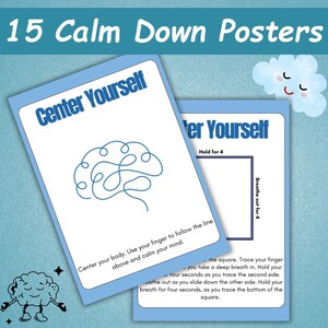 K&ouml;nnte beinhalten: Zwei blau umrandete Karten mit dem Text "Center Yourself" und Anweisungen f&uuml;r Entspannungstechniken. Eine Karte zeigt eine blaue Strichzeichnung eines Gehirns. Der Text "15 Calm Down Posters" steht oben.