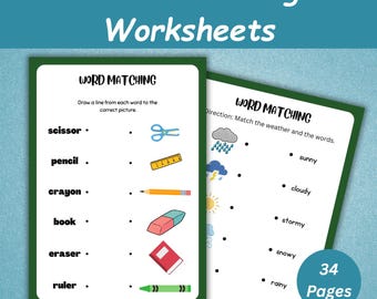 34 Picture to Word Matching Worksheets | Printable Preschool Matching Activity | Toddler Busy Book | Word Recognition Activity