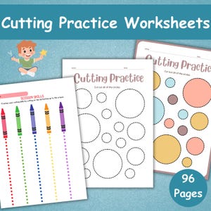 May include: Three printable cutting practice worksheets for kids. The worksheets feature dotted lines for cutting practice, with images of crayons and circles. The text "Cutting Practice" is displayed on the pages. The image also includes the text "96 Pages".