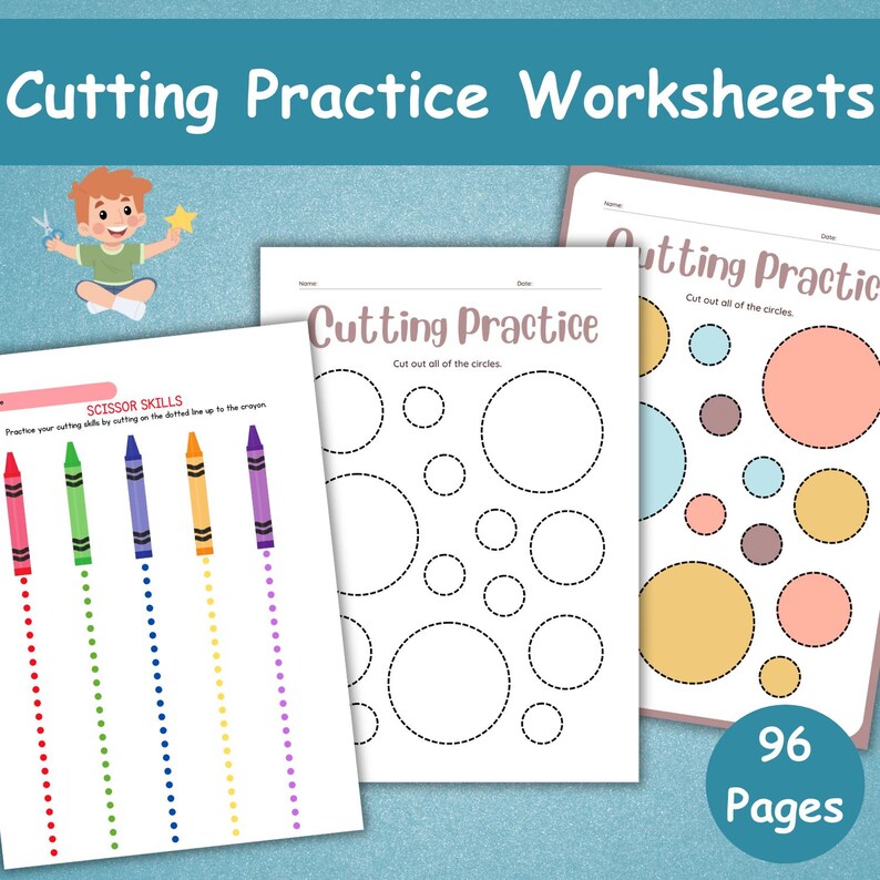 May include: Three printable cutting practice worksheets for kids. The worksheets feature dotted lines for cutting practice, with images of crayons and circles. The text "Cutting Practice" is displayed on the pages. The image also includes the text "96 Pages".
