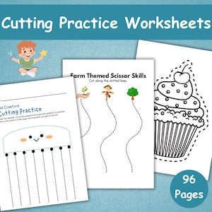 May include: Educational worksheets for cutting practice. The image shows three pages with different themes: a sea creature, farm-themed scissor skills, and a cupcake. The worksheets are designed for children to practice their scissor skills. The image also includes the text "96 Pages".