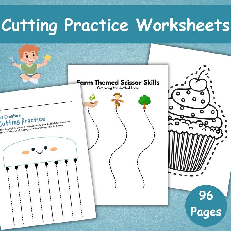 May include: Educational worksheets for cutting practice. The image shows three pages with different themes: a sea creature, farm-themed scissor skills, and a cupcake. The worksheets are designed for children to practice their scissor skills. The image also includes the text "96 Pages".