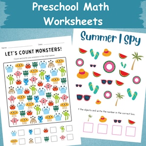K&ouml;nnte beinhalten: Zwei Mathe-Arbeitsbl&auml;tter f&uuml;r die Vorschule. Eines mit dem Titel "Let's Count Monsters!" zeigt farbenfrohe Monster-Illustrationen zum Z&auml;hlen &uuml;ben. Das andere, "Summer I Spy", enth&auml;lt sommerliche Bilder wie Sonnenbrillen und Wassermelonen.