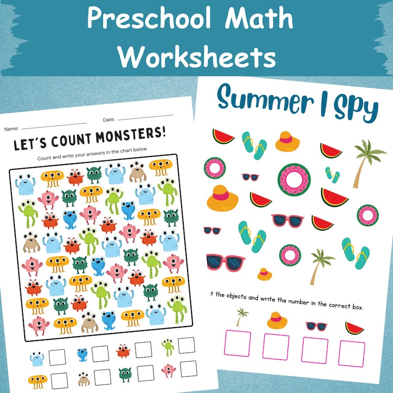 K&ouml;nnte beinhalten: Zwei Mathe-Arbeitsbl&auml;tter f&uuml;r die Vorschule. Eines mit dem Titel "Let's Count Monsters!" zeigt farbenfrohe Monster-Illustrationen zum Z&auml;hlen &uuml;ben. Das andere, "Summer I Spy", enth&auml;lt sommerliche Bilder wie Sonnenbrillen und Wassermelonen.