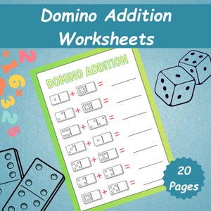 20 feuilles de calcul sur les additions Domino | Feuilles d&#39;exercices de mathématiques à imprimer | Activité de mathématiques préscolaires | Comptez et ajoutez des points | Pratique des additions imprimable |