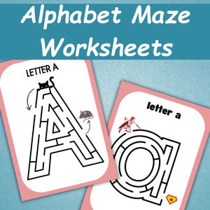 Op de afbeelding: Alfabet Maze Werkbladen met de letter A. De werkbladen bevatten doolhoven in de vorm van de letter A, met illustraties van een kat en een muis, en een superheld. De tekst "Letter A" wordt bovenaan elk werkblad weergegeven.