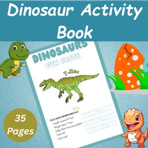 Może przedstawiać: Książka z aktywnościami dla dzieci zatytułowana "Dinosaur Activity Book" z białym tekstem na turkusowym tle. Książka zawiera ilustracje dinozaur&oacute;w, ciekawostki o T-Rexie i tekst "35 Pages".