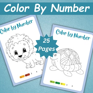 May include: Two coloring books with the text "Color By Number". One book features a lion, the other a turtle. The image also includes the text "25 Pages". The coloring pages have numbered sections for color-by-number activities.