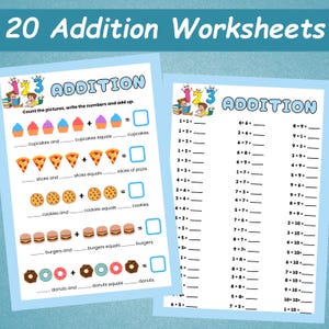 20 feuilles de calcul sur les additions pour les enfants | Ressources mathématiques préscolaires | Cahier d&#39;exercices supplémentaires pour les exercices de mathématiques | Mathématiques pour débutants en maternelle | Apprendre à ajouter |