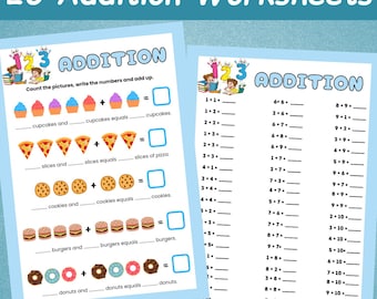 20 Zusatz-Arbeitsblätter für Kinder | Mathe-Ressourcen für die Vorschule | Mathe-Drill-Addition Arbeitsbuch | Kindergarten Beginnende Mathematik | Fügen Sie hinzu |