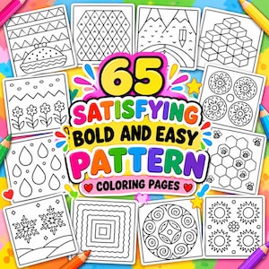 Puede incluir: Una colección de 65 páginas para colorear con patrones llamativos y sencillos, incluyendo formas geométricas, flores, copos de nieve, panales y montañas, con el texto 65 SATISFYING BOLD AND EASY PATTERN COLORING PAGES en el centro.