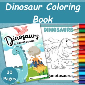 May include: A dinosaur coloring book with the title "Dinosaur Coloring Book" in white text on a teal background. The book features a blue dinosaur, a volcano, and the text "30 Pages". A second book shows a dinosaur outline and the word "DINOSAURS".