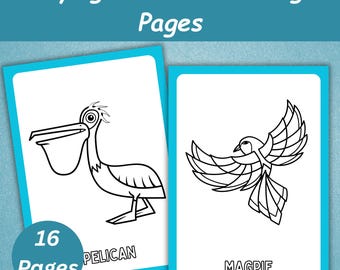 May include: Two coloring pages with a teal border. One page features a black and white outline of a pelican, and the other shows a magpie. The words "Flying Animals Coloring Pages" are at the top. A circle with the text "16 Pages" is in the lower left.