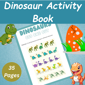 Może przedstawiać: Niebiesko-zielona książka z aktywnościami dla dzieci zatytułowana "Dinosaur Activity Book" z tekstem "DINOSAURS ODD ONE OUT". Książka zawiera ilustracje dinozaur&oacute;w i tekst "35 stron". Pokazano r&oacute;wnież kresk&oacute;wkowe dinozaury i pomarańczowe jajo.
