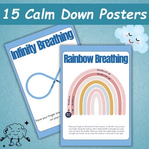 K&ouml;nnte beinhalten: Zwei Poster mit blauen R&auml;ndern mit der Aufschrift "15 Calm Down Posters". Eines zeigt "Infinity Breathing", das andere "Rainbow Breathing" mit einer Regenbogen-Grafik und Anweisungen. Eine Cartoon-Wolke und ein Gehirn sind ebenfalls zu sehen.