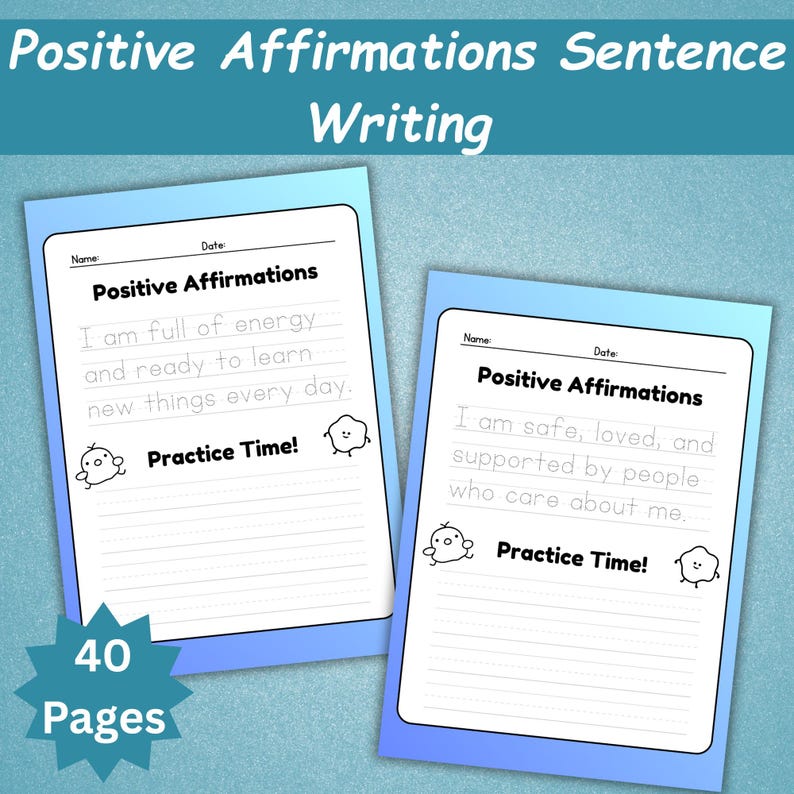 Puede incluir: Dos cuadernos con el t&iacute;tulo "Positive Affirmations Sentence Writing". Cada p&aacute;gina presenta "Positive Affirmations" con frases para completar. Las palabras "Practice Time!" y "40 Pages" tambi&eacute;n son visibles.