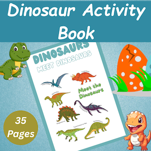 Może przedstawiać: Książka z aktywnościami dla dzieci zatytułowana "Dinosaur Activity Book" z tekstem "Dinosaurs Meet Dinosaurs". Książka zawiera ilustracje r&oacute;żnych dinozaur&oacute;w, w tym Triceratopsa i Tyrannosaurus Rexa. Książka ma 35 stron.
