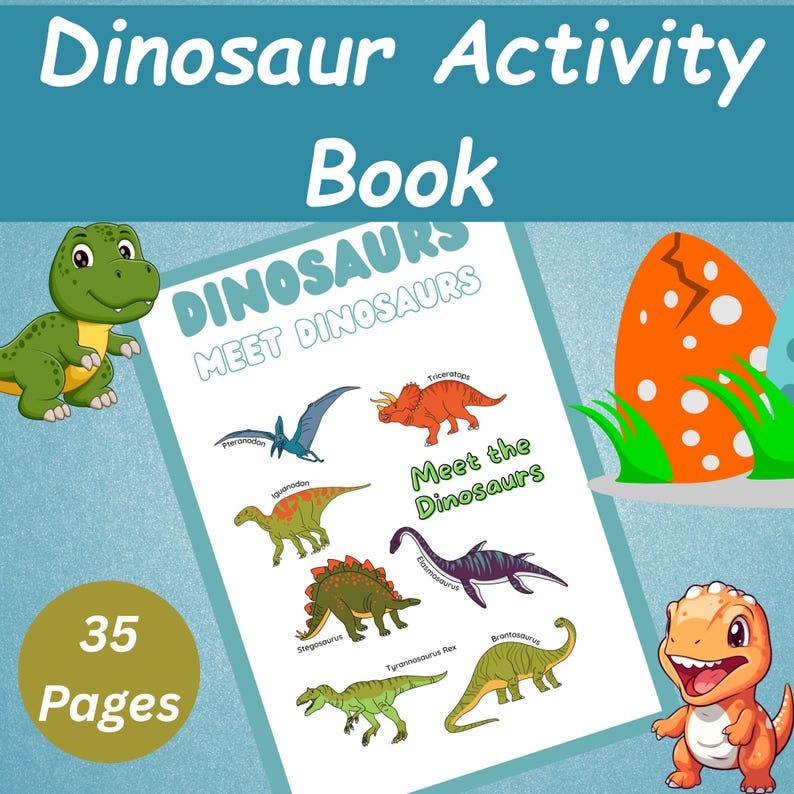 Może przedstawiać: Książka z aktywnościami dla dzieci zatytułowana "Dinosaur Activity Book" z tekstem "Dinosaurs Meet Dinosaurs". Książka zawiera ilustracje r&oacute;żnych dinozaur&oacute;w, w tym Triceratopsa i Tyrannosaurus Rexa. Książka ma 35 stron.
