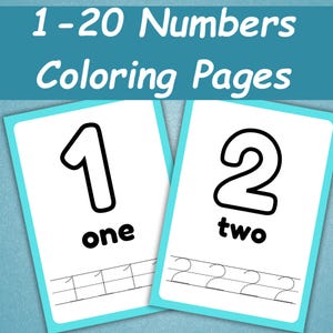 Puede incluir: Dos páginas para colorear blancas con los números uno y dos en negrita negra. Las palabras "one" y "two" están escritas debajo de los números. Hay líneas punteadas debajo para practicar el trazado. La parte superior de la imagen dice "1-20 Numbers Coloring Pages."