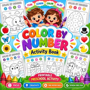 May include: A Color by Number activity book cover featuring a cartoon boy and girl holding crayons. The design includes a rainbow, six coloring pages with outlines of an elephant, egg, penguin, gift, starfish, and cow, plus colorful crayon icons.