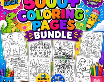 5000 Coloring Pages Bundle | Printable Coloring Books for Kids & Adults | Coloring Activity Pages | Kawaii, Dinosaur, Mermaid, Butterfly