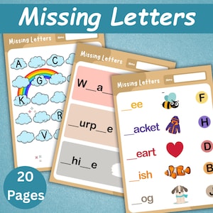 Puede incluir: Hojas de actividades educativas tituladas "Missing Letters" con ilustraciones coloridas. Las hojas presentan ejercicios para completar con imágenes de un arcoíris, nubes, una abeja, un corazón y un pez. El conjunto incluye 20 páginas.