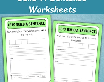 Puede incluir: Dos hojas de trabajo con bordes verdes con el texto "Build A Sentence Worksheets" en la parte superior. Las hojas de trabajo tienen el título "Lets Build A Sentence" e incluyen espacios para escribir y dibujar, junto con recortes de palabras.