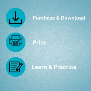 May include: A teal background with three circular icons and white text. The top icon is a downward arrow, with the text "Purchase & Download." The middle icon is a printer, with the text "Print." The bottom icon is a pencil and lines, with the text "Learn & Practice."