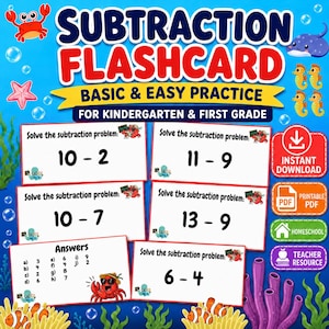 May include: Educational subtraction flashcards for kindergarten and first grade featuring ocean-themed graphics. The cards display maths problems like 10-2, 11-9, 10-7, 13-9, and 6-4, along with an answer key. The design includes crabs, fish, and bubbles.