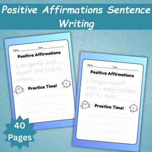 Puede incluir: Dos cuadernos con bordes azules y el texto "Positive Affirmations Sentence Writing". Cada cuaderno tiene "Positive Affirmations" en la parte superior, con espacios rayados para escribir. Uno dice "I am gentle with myself". El otro dice "I forgive myself."