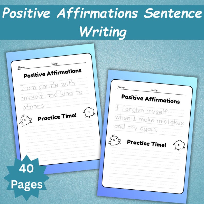 Puede incluir: Dos cuadernos con bordes azules y el texto "Positive Affirmations Sentence Writing". Cada cuaderno tiene "Positive Affirmations" en la parte superior, con espacios rayados para escribir. Uno dice "I am gentle with myself". El otro dice "I forgive myself."