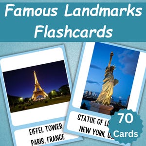 Può includere: Flashcard con famosi monumenti. Una carta mostra la Torre Eiffel a Parigi, Francia. Un'altra carta mostra la Statua della Libertà a New York, USA. Il set include 70 carte.