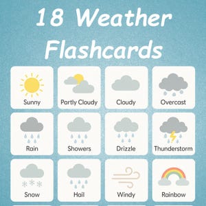 18 cartes-éclair météo pour enfants | Cartes météo imprimables | Activité météo pour les tout-petits | Flash Card préscolaire | Carte éducative d'enseignement à domicile