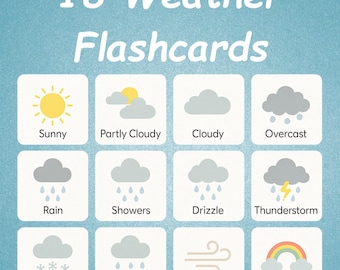 18 tarjetas didácticas sobre el clima para niños / Tarjetas imprimibles sobre el clima / Actividad meteorológica para niños pequeños / Tarjeta didáctica preescolar / Tarjeta educativa para la educación en casa