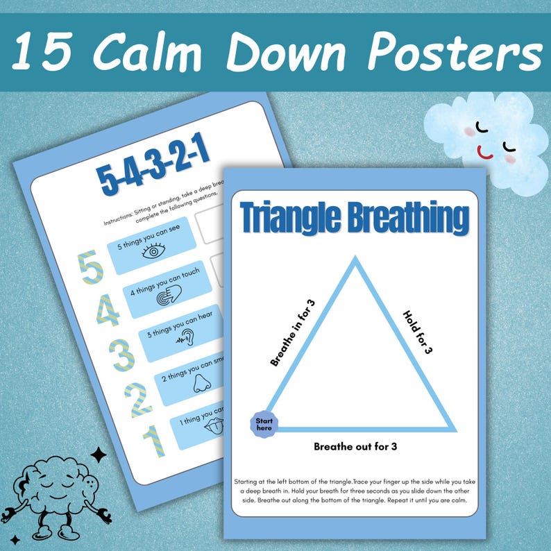 K&ouml;nnte beinhalten: Zwei blau-wei&szlig;e Poster mit Beruhigungstechniken. Ein Poster mit dem Titel "5-4-3-2-1" listet sensorische Hinweise auf. Das andere Poster, "Triangle Breathing", veranschaulicht eine Atem&uuml;bung. Der obere Text lautet "15 Calm Down Posters."