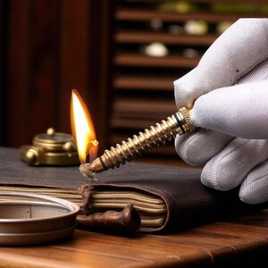 Puede incluir: Un encendedor en forma de tornillo de color lat&oacute;n con una llama encendida. El encendedor est&aacute; sostenido por una mano enguantada. Tambi&eacute;n se ven una peque&ntilde;a br&uacute;jula dorada y un libro encuadernado en cuero sobre una superficie de madera.
