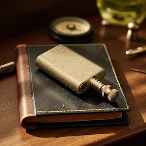 May include: A vintage-style brass lighter with a textured finish, resting on a black leather-bound notebook with brown edges. The lighter has a screw mechanism and is set against a blurred background with other objects.
