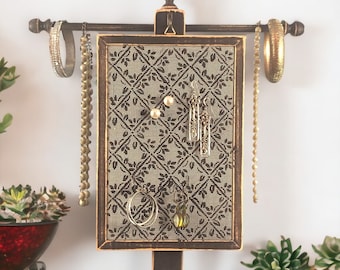 Stud Earring Holder | Wood Frame Earring Organizer | Boho Chic Jewelry Organizer | Table Top Necklace Stand | Hand Painted DIAMOND Designn