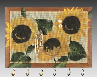 Stud Earring Holder | Wood Frame Necklace Holder | Mesh Earring Organizer | Hanging Jewelry Storage | Hand Painted Sunflowers Design
