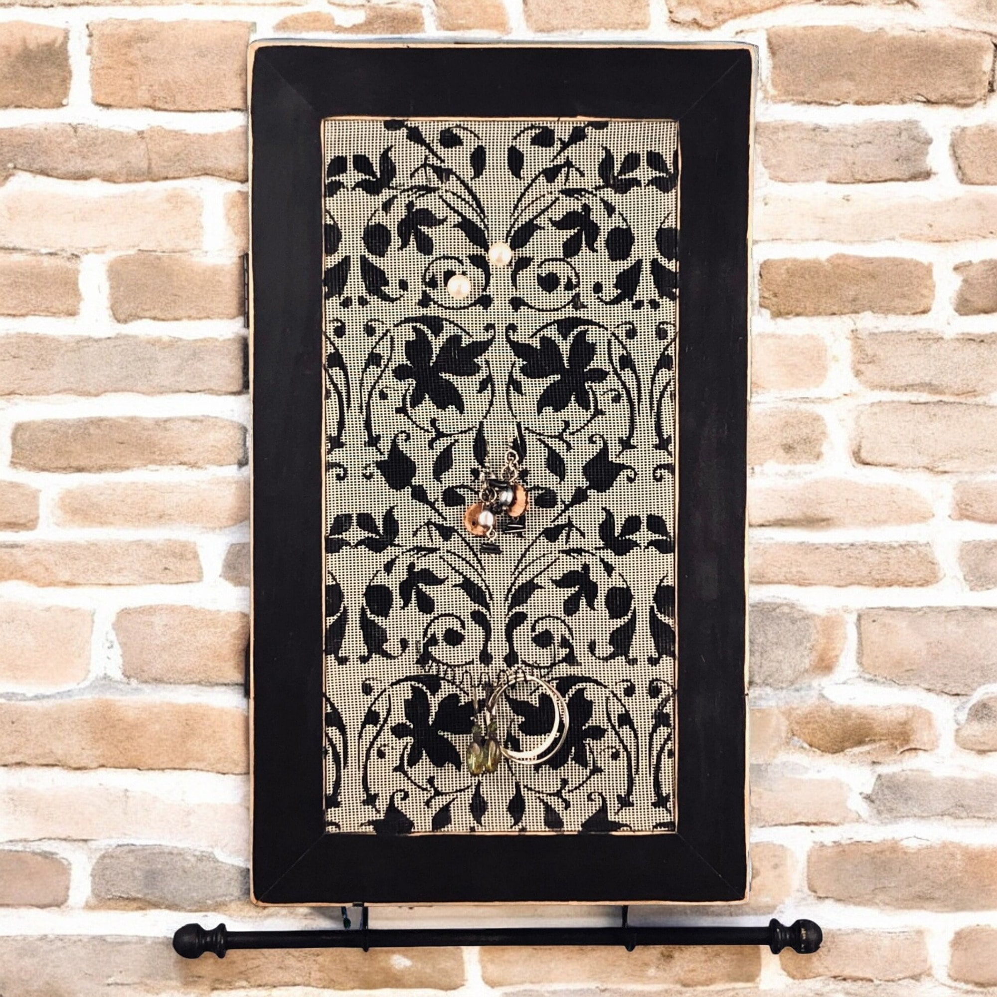 Handmade Wood Jewelry Cabinet, Hanging Jewelry Box, Stud Earring Necklace Holder, Jewelry Storage Armoire Display, Hand Painted Aida Design