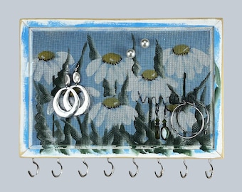 Stud Earring Holder | Wood Frame Necklace Holder | Mesh Earring Organizer | Hanging Jewelry Storage | Hand Painted DAISIES Design