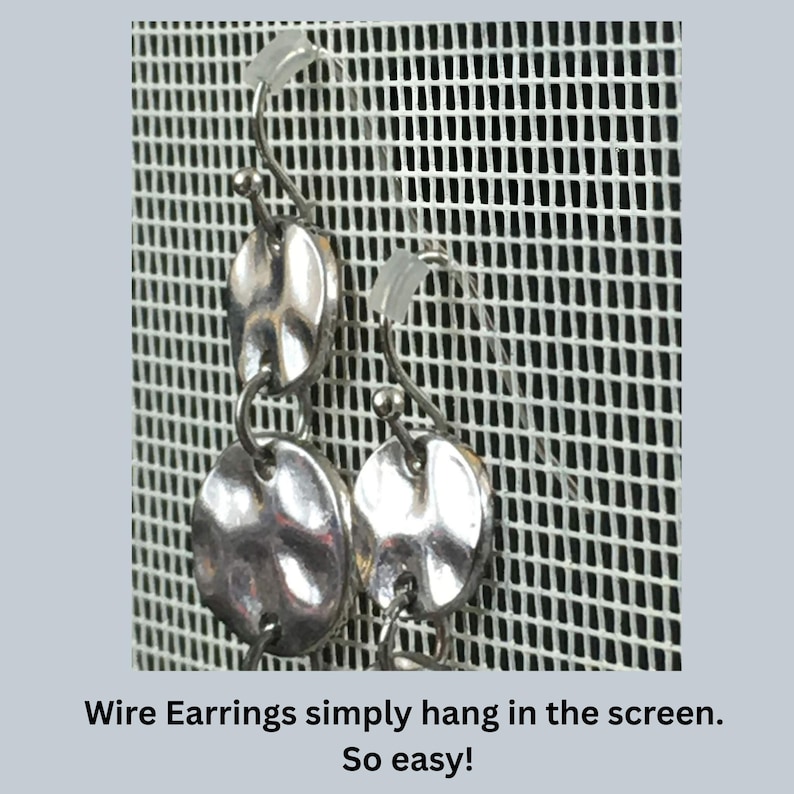 May include: Two silver-toned drop earrings featuring hammered circular metal discs connected by jump rings. The earrings have curved wire hooks with small clear plastic backings. The text below reads: Wire Earrings simply hang in the screen. So easy!