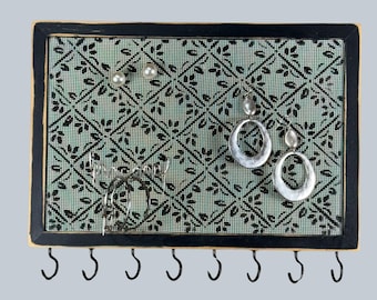 Stud Earring Holder | Wood Frame Necklace Holder | Mesh Earring Organizer | Hanging Jewelry Storage | Hand Painted Diamond Design