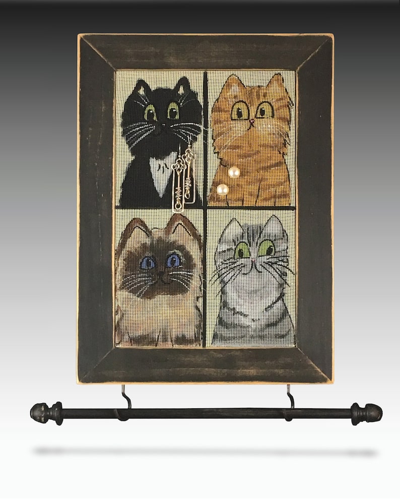 Wall Mounted Jewelry Organizer Shabby Chic Earring Holder Hand Painted Cat Design Wood Frame Necklace Holder Mesh Earring Organizer